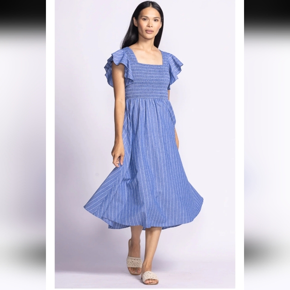 Simplee Blue White Striped Flutter Sleeve Cotton Linen Midi Dress S - Picture 1 of 12